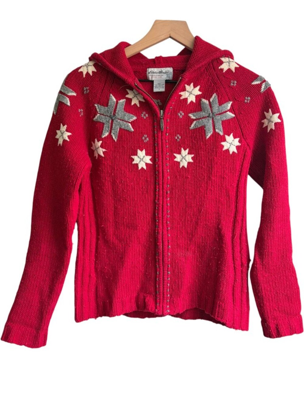 Vintage Y2K Eddie Bauer Holiday 2008 Red Lambswool Snowflake Zip Sweater S
